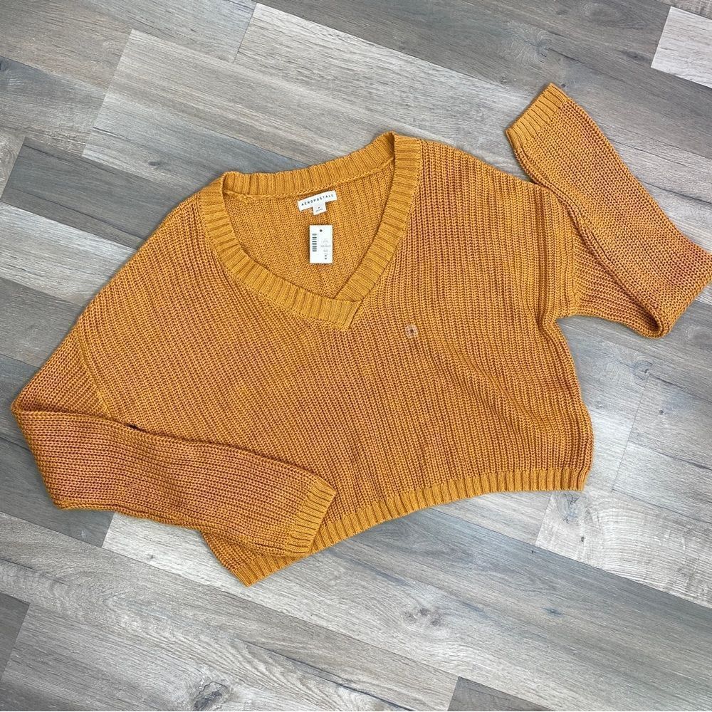 Aeropostale Waffle Knit V-neck Sweater Mecca Gold Medium Long Sleeve